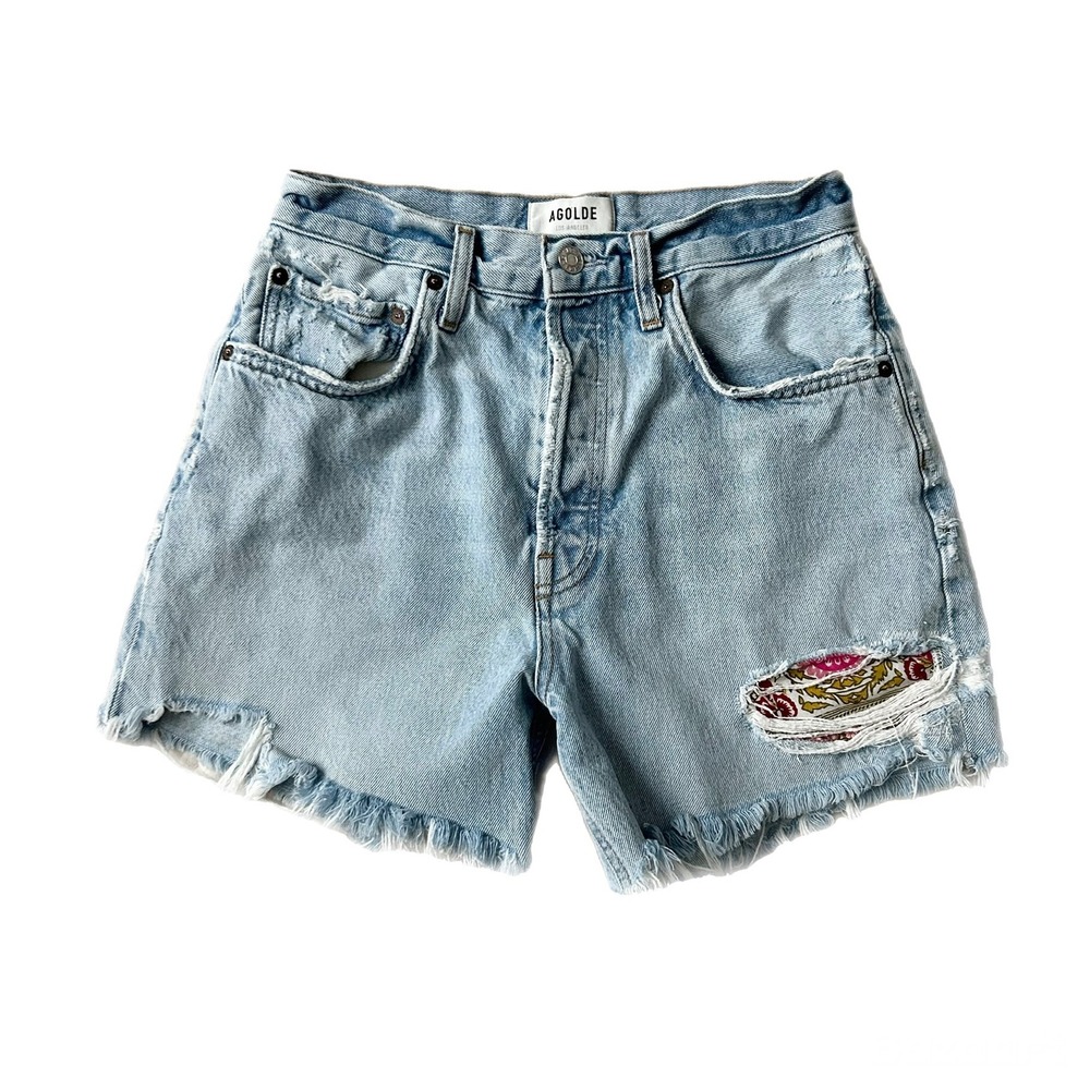 AGOLDE Riley Short 100% Organic Cotton Light Blue Distressed Floral Patch Sz 27